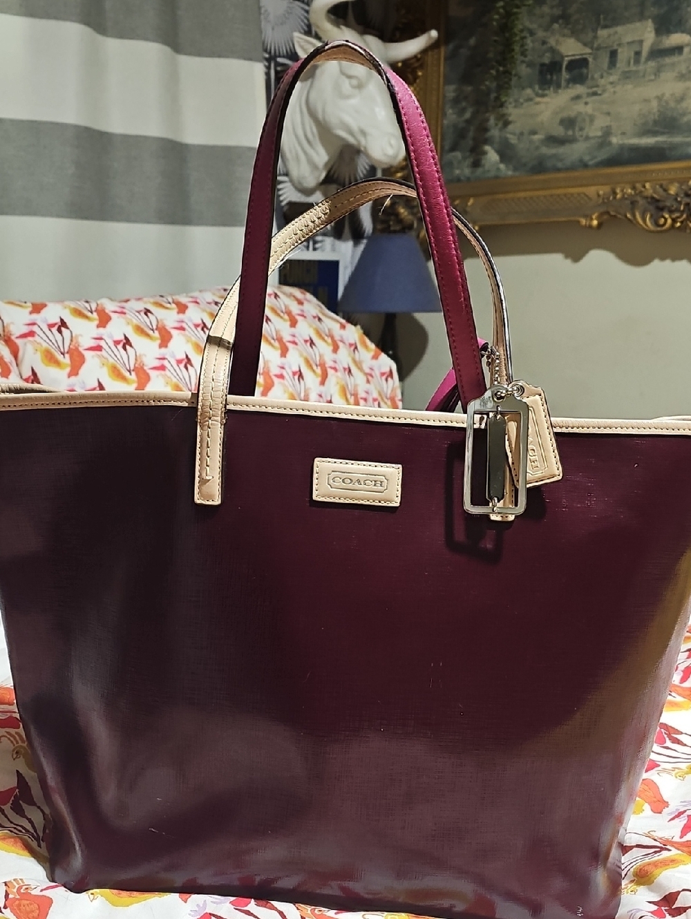 Coach Burgundy Tote Bag Leather Trim Bird Print Lining Large Shoulder Bag